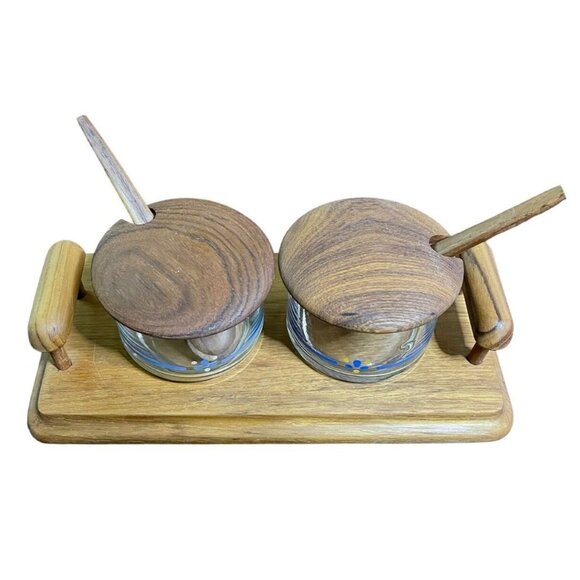 Vintage Teak Wood & Glass Condiment Set With Tray Lids & Spoons by Goodwood - Picture 2 of 10